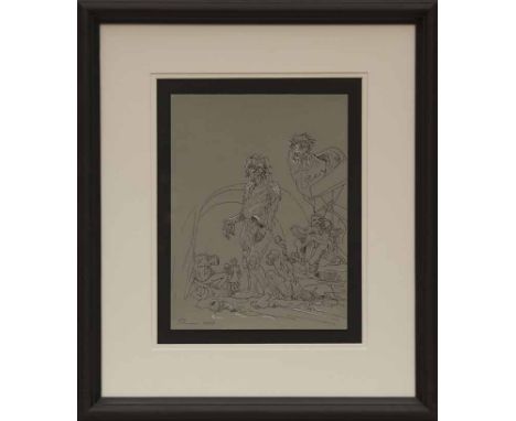 * PETER HOWSON OBE,
CAVE PEOPLE
ink on paper, signed and dated 2009
30cm x 22cm
Mounted, framed and under glass