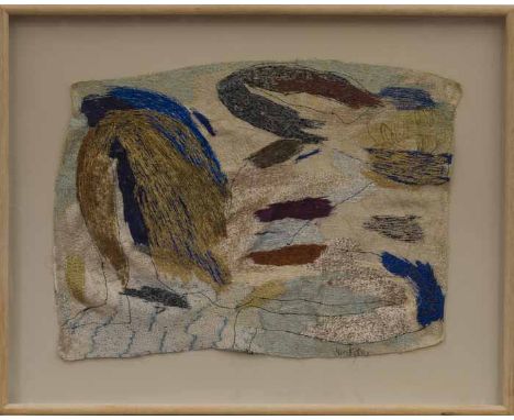 * ALICE KETTLE, BLUE SPLASH BATHER multimedia on fabric, signed, titled and dated 1994 verso 54cm x 73cm approx Mounted, fram