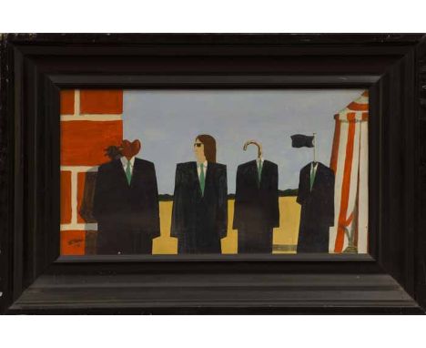 * JAMES TWEEDIE, 
FRIENDS OF DESPAIR
oil on board, signed and dated '72 
25cm x 45cm
Framed and under glass
Gallery label ver