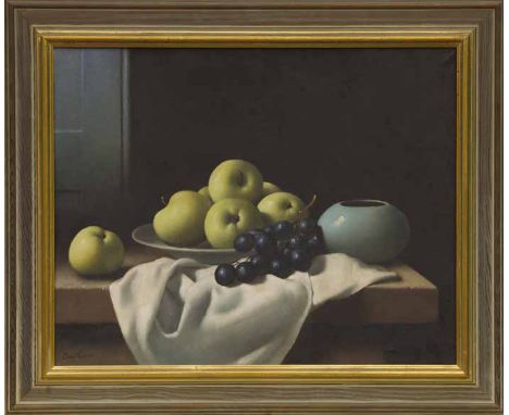 * CHRISTOPHER CAWTHORN, 
STUDY WITH CERAMIC AND FRUIT
oil on canvas, signed
40.5cm x 50.5cm
Framed