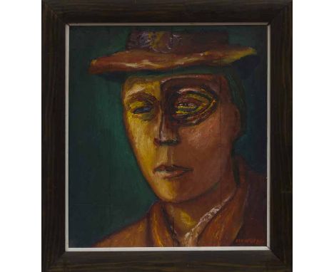 * NEIL MACPHERSON RSA RSW RGI,
PORTRAIT OF A MAN WITH A HAT
acrylic on board, signed lower right, 
37cm x 42cm
Framed and und