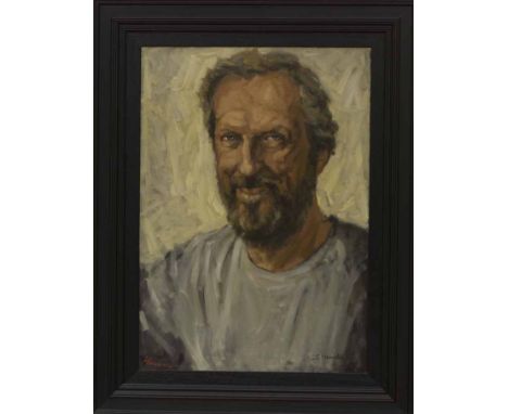 SHAHIN MEMISHI (KOSOVAR)
PORTRAIT OF PETER HOWSON OBE
oil on canvas, signed, and futher signed by the sitter 
70cm x 50cm 
Fr