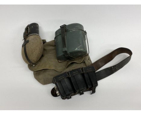 A German equipment set, comprising bread bag, a canteen with cup and mess tin, plus leather ammunition pouch