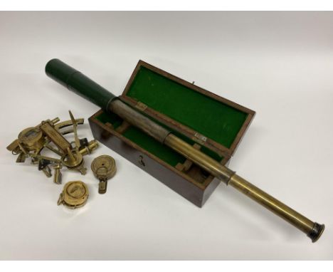 A World War II W. Ottway and Co. of London three draw telescope with box, brass cased compasses and a Henry Barrow and Co. se