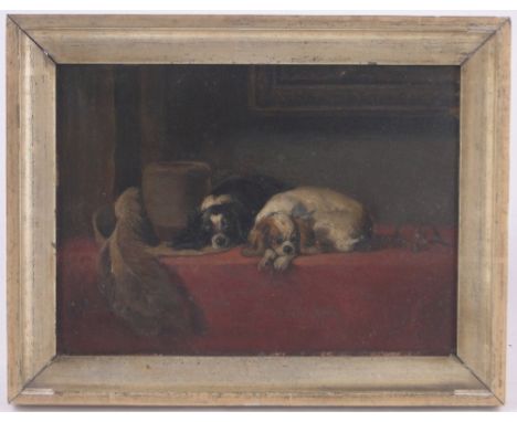 19th century oil on board after Landseer, portrait of 2 King Charles Spaniels, unsigned, 6" x 8", framed.