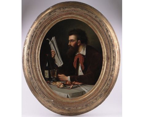 19th century German School,large oval oil on canvas, portrait of a man at the breakfast table, indistinctly signed, in very o