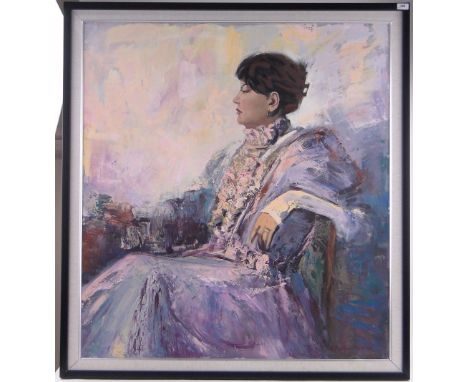 Russian School,large oil on canvas, portrait of a seated woman Xopoz, indistinctly signed verso with date 2010, 41" x 45", fr