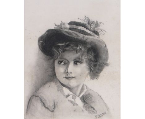 M Dymmock,charcoal portrait of a child, signed, 17" x 13", framed.