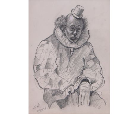 Attributed to Laura Knight,charcoal/chalk sketch, portrait of a clown, signed with initials, 13" x 9.5", framed.