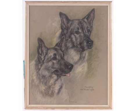Marjorie Cox (1915-2003),coloured pastels, portrait of 2 German Shepherd dogs, signed and dated 1974, 22" x 17.5", framed.