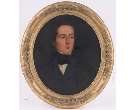 19th century oval oil on canvas, portrait of a gentleman, unsigned, 21" x 18", framed.