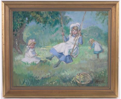 Margaret Palmer (born 1922),oil on board, children playing on a swing, signed, 15" x 20", framed.