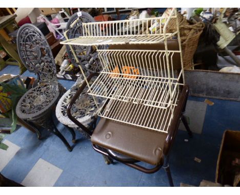 Two White Metal Garden Chairs, Commode Chair and Plate Rack