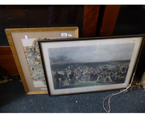 A Framed Coloured Print, The Golfers and Watercolour Depicting Embroidered Panel