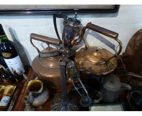 A Tray of Metal Wares to Include Copper Kettles, Silver Plated Coffee Pot, Silver Plated Table Lamp Base Etc