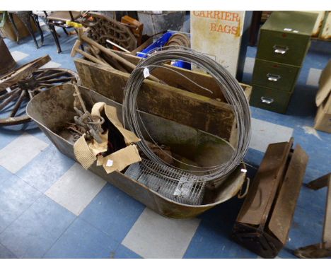 A Galvanized Bath Containing Rat Rap, Tools, Two Steelyards Etc