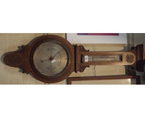 A Late Victorian Oak Framed Wheel Barometer with Temperature Scale, 88 cm High