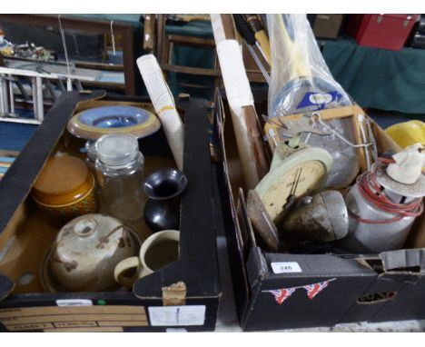 Two Boxes of Sundries to Include Ceramics, Glassware, Vintage Salters Kitchen Scales, Tennis Rackets Etc
