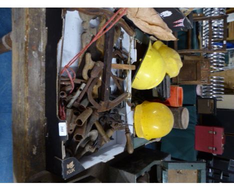 Two Boxes of Tools, Hard Hats, Saws, Chains Etc