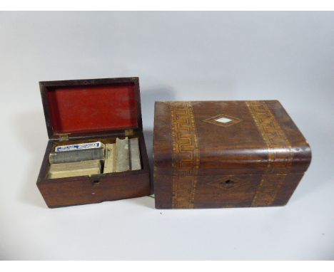 A Banded and Inlaid Workbox and 19th Century Mahogany Box Containing Playing Cards 