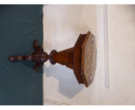 A Victorian Walnut Octagonal Top Ladies Work Table with Hinged Lid Having Checkerboard Inlay to Fitted Interior, Wool Well, T