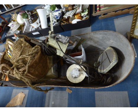 A Galvanized Tin Bath together with Electric Drill Stand, Wicker Basket Containing Valiant and Other Comics, Tools Etc 