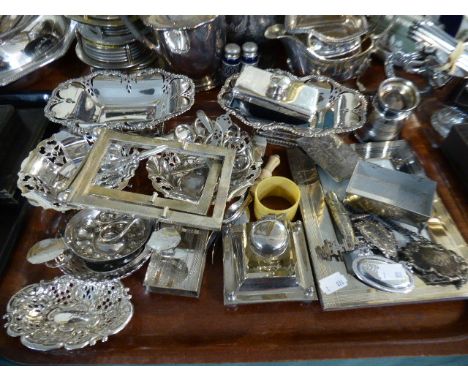 A Tray of Silver Plate to Include Ink Stand Decanter Labels, Corkscrew, Photo Frames, Pierced Baskets Etc 