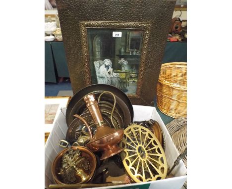 A Box Containing Various Brass and Copper Wares to Include Vases, Horse Brasses, Trivet Stand, Jug Together with Beaten Brass
