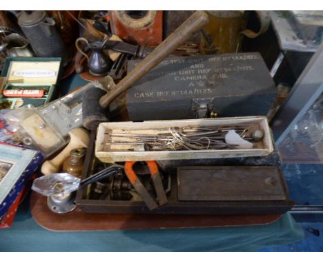 A Tray of Sundries to Include Military Box, Engineering Tools, Door Handles, Needles Etc
