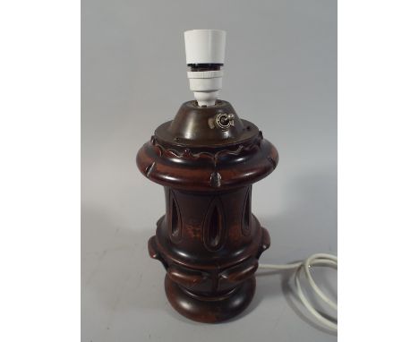 A Carved and Turned Wooden Table Lamp Base, 32 cm High