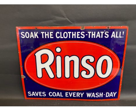 A Rinso 'soak the clothes - that's all!' rectangular enamel sign with good gloss, 24 x 18".
