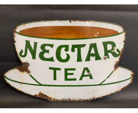 A Nectar Tea teacup-shaped single sided enamel sign by Patent Enamel, 21 x 12 1/2".
