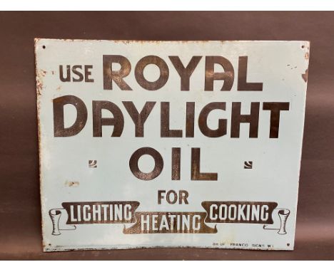 A Royal Daylight Oil for Lighting, Heating and Cooking double sided enamel sign, by Franco, lacking hanging flange, 22 x 18".