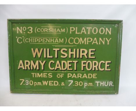 A Wiltshire Army Cadet Force No. 3 (Corsham) platoon 'C' (Chippenham) Company painted wooden sign, 36 x 24".