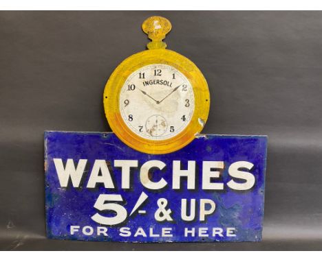 A rare Ingersoll Watches die-cut enamel sign with large central watch dial image, large areas of older amateur restoration, 2