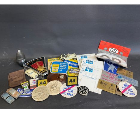 A tray of assorted automobilia to include Rolls-Royce toy cars, BP, Esso etc.