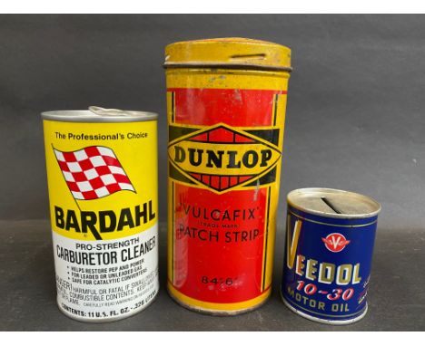 A larger scale Dunlop Vulcafix Patch Strip cylindrical tin, a Bardahl oil tin and a third for Veedol 10-30 Motor Oil.