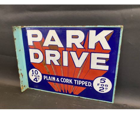 A small Park Drive plain &amp; cork tipped cigarettes double sided enamel sign with hanging flange, in good condition, 16 x 1