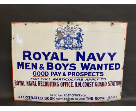 A Royal Navy Men &amp; Boys Wanted recruiting enamel sign with central coat of arms, 34 x 24".