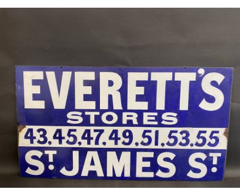 A rectangular enamel sign advertising Everett's Stores, St. James St. 36 x 20". 