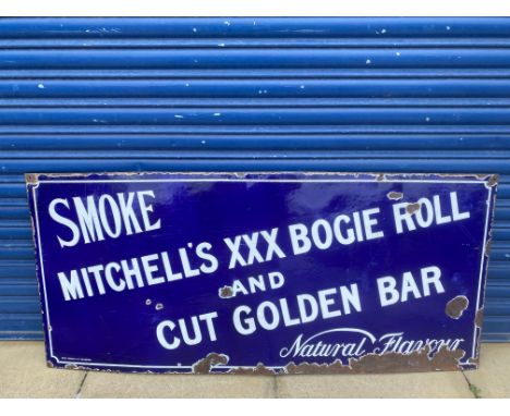 A large enamel sign advertising Mitchell's XXX Bogie Roll and Cut Golden Bar, W. McGeoch &amp; Co. Glasgow, 55 x 25".