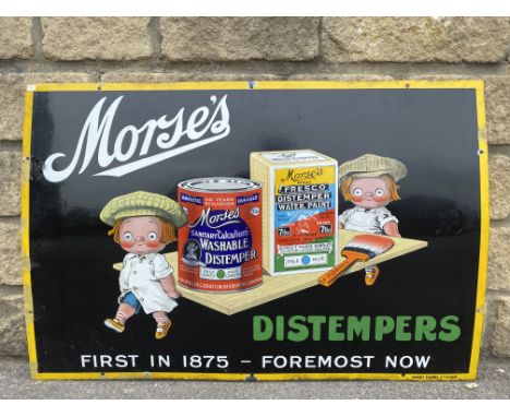 A very rare Morse's Distemper pictorial enamel sign depicting the two Morse's characters carrying a board with an oversized c