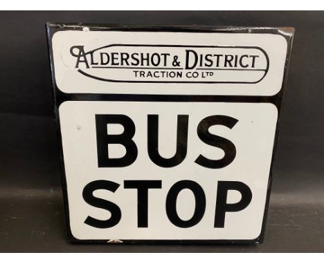 An Aldershot &amp; District Traction Co. Ltd. Bus Stop double sided enamel sign with hanging flange, 12 x 12 1/4".