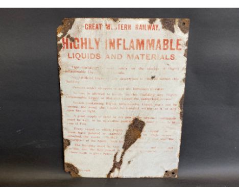 A Great Western Railway 'Highly Inflammable Liquids and Materials' rectangular enamel sign, by Chromo, dated 1916, 12 x 16".