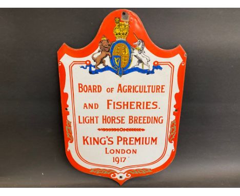 A Board of Agriculture and Fisheries Light Horse Breeding King's Premium London 1917 enamel sign in excellent condition, 10 x