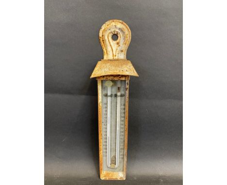 A white painted outdoor hanging thermometer, 11" tall. 
