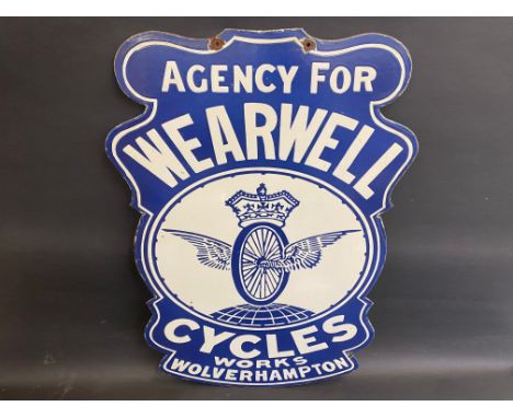 A reproduction Wearwell Cycles double sided enamel sign, 23 x 30".
