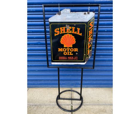 A Shell Motor Oil double sided can shaped enamel sign, hung on a purpose made frame, 16 x 20" ( measurements for sign only).