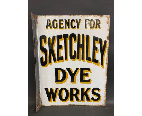 A Sketchley Dye Works double sided enamel sign with hanging flange by Patent Enamel, good gloss, 15 x 20".