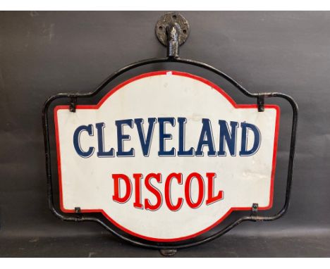 A Cleveland Discol double sided enamel sign in hanging frame, some older amateur retouching, 34 x 34" (measurements including
